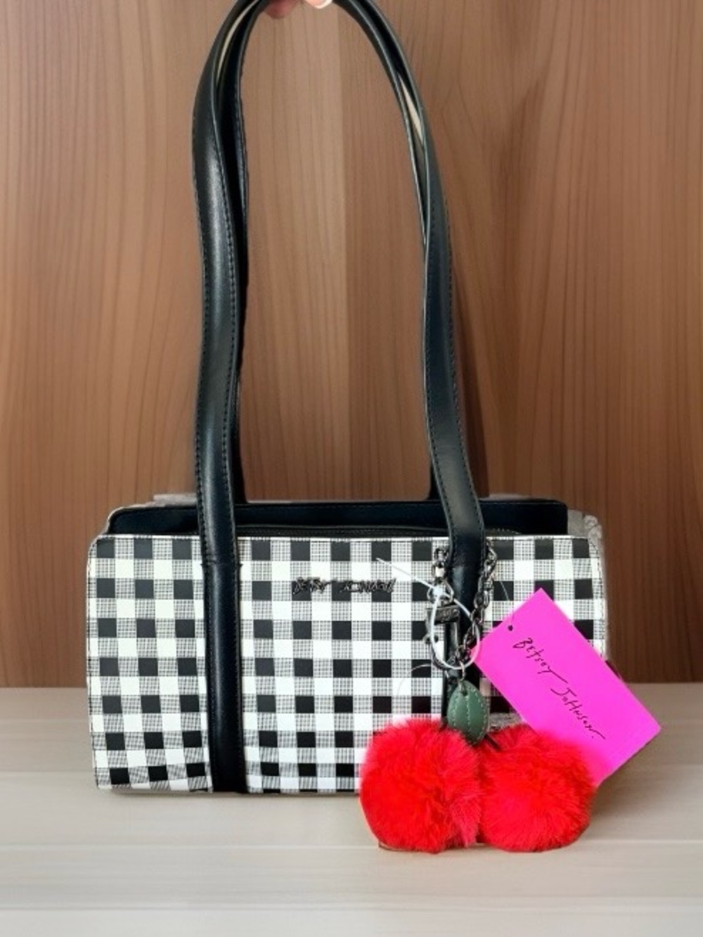Betsey Johnson Black/White Gingham Shoulder Bag with Cherry Charm XOMACK NWT